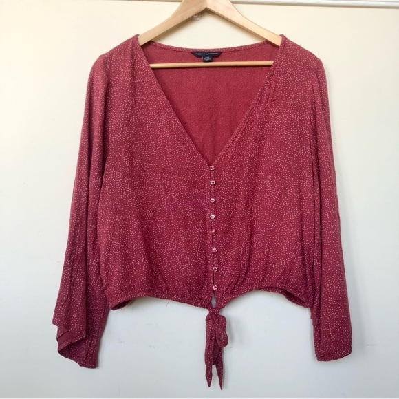 American Eagle Cropped Red Polka Dot Wide Sleeve Top Size Large - Picture 3 of 8